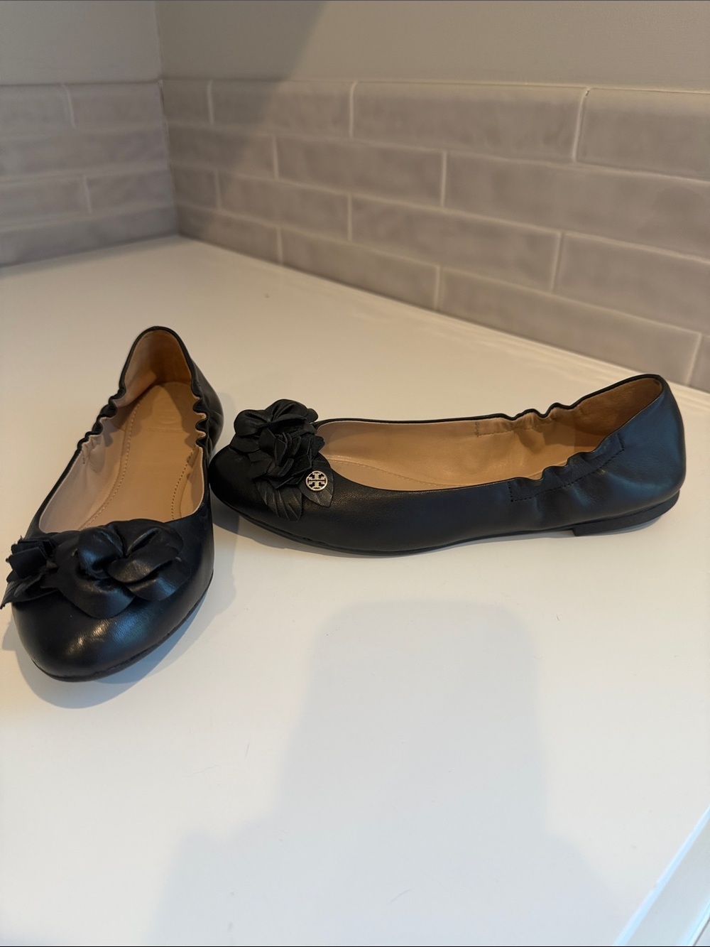 Tory Burch Black Leather Floral-Trim Ballet Flats
